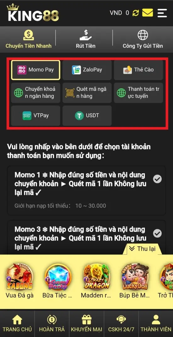 Chọn phương thức nạp tiền KING88