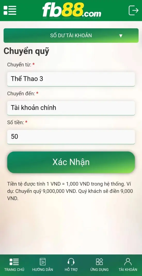 Chuyển tiền từ tài khoản phụ về ví game